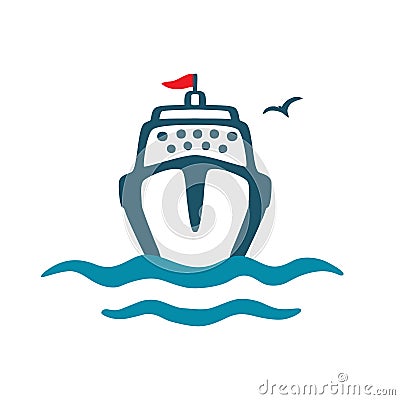 Sea vessel, waves, seagull. Vector color icon in cartoon style. Hand drawing isolated. Vector Illustration